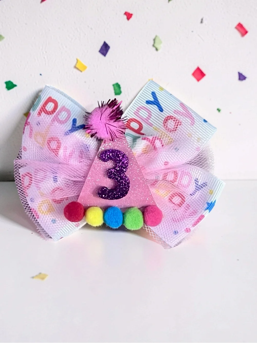 Boutique 3rd Birthday Pink Tulle Glitter Party Hat Hair Bow Clip